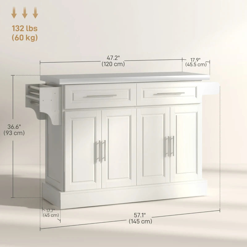 HOMCOM Rolling Kitchen Island with Storage and Stainless Steel Top, Kitchen Trolley with Drawers, Cabinets, Towel Rack, Cream | Aosom Canada