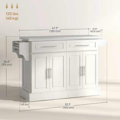 HOMCOM Rolling Kitchen Island with Storage and Stainless Steel Top, Kitchen Trolley with Drawers, Cabinets, Towel Rack, Cream | Aosom Canada