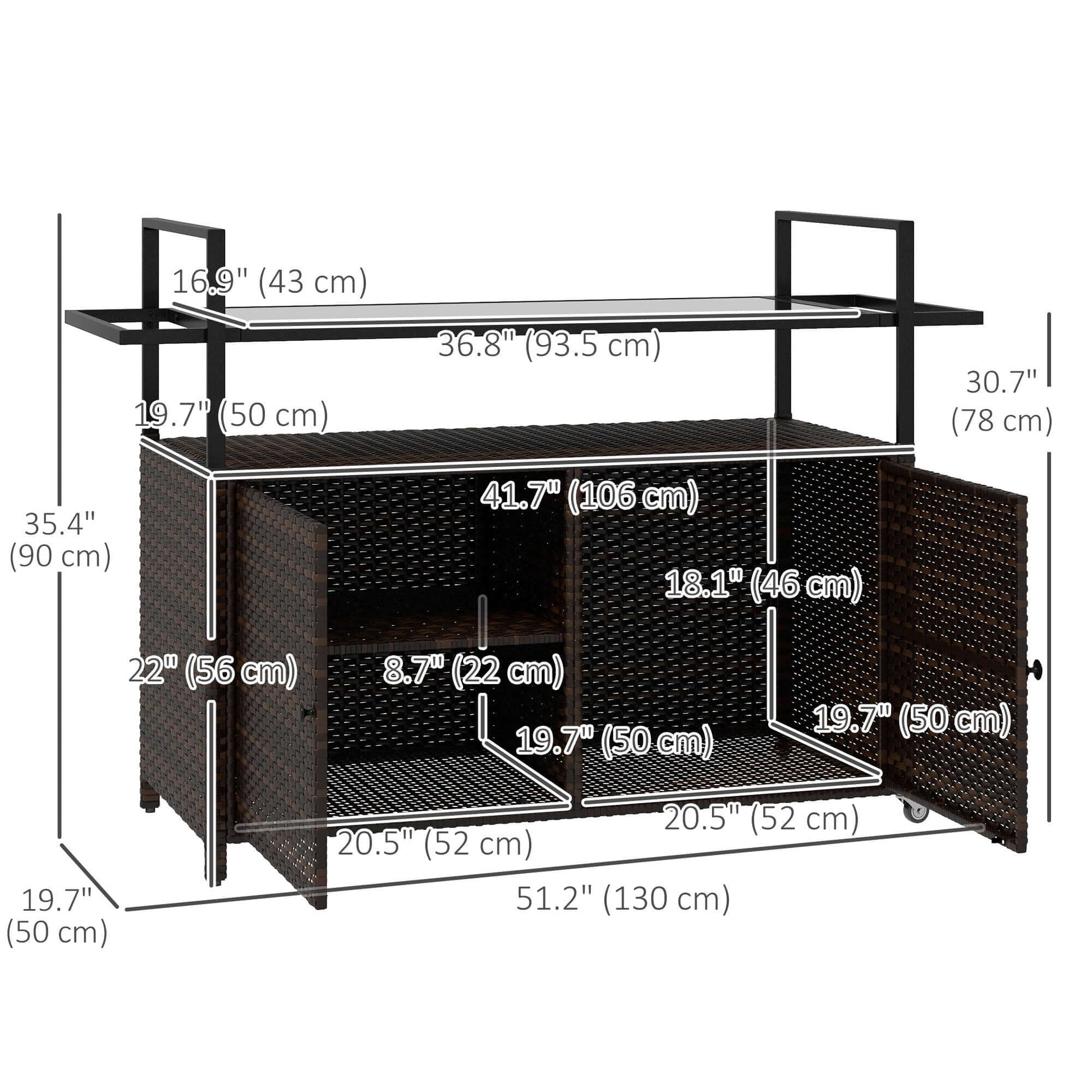 HOMCOM 2-Tier PE Rattan Outdoor Bar Cart, Glass Top Outdoor Kitchen Island with Cabinet, Mixed Brown