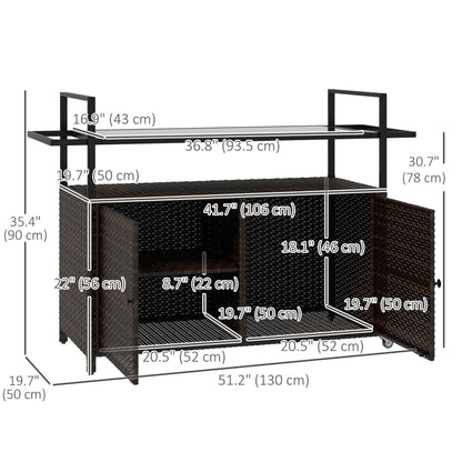 HOMCOM 2-Tier PE Rattan Outdoor Bar Cart, Glass Top Outdoor Kitchen Island with Cabinet, Mixed Brown