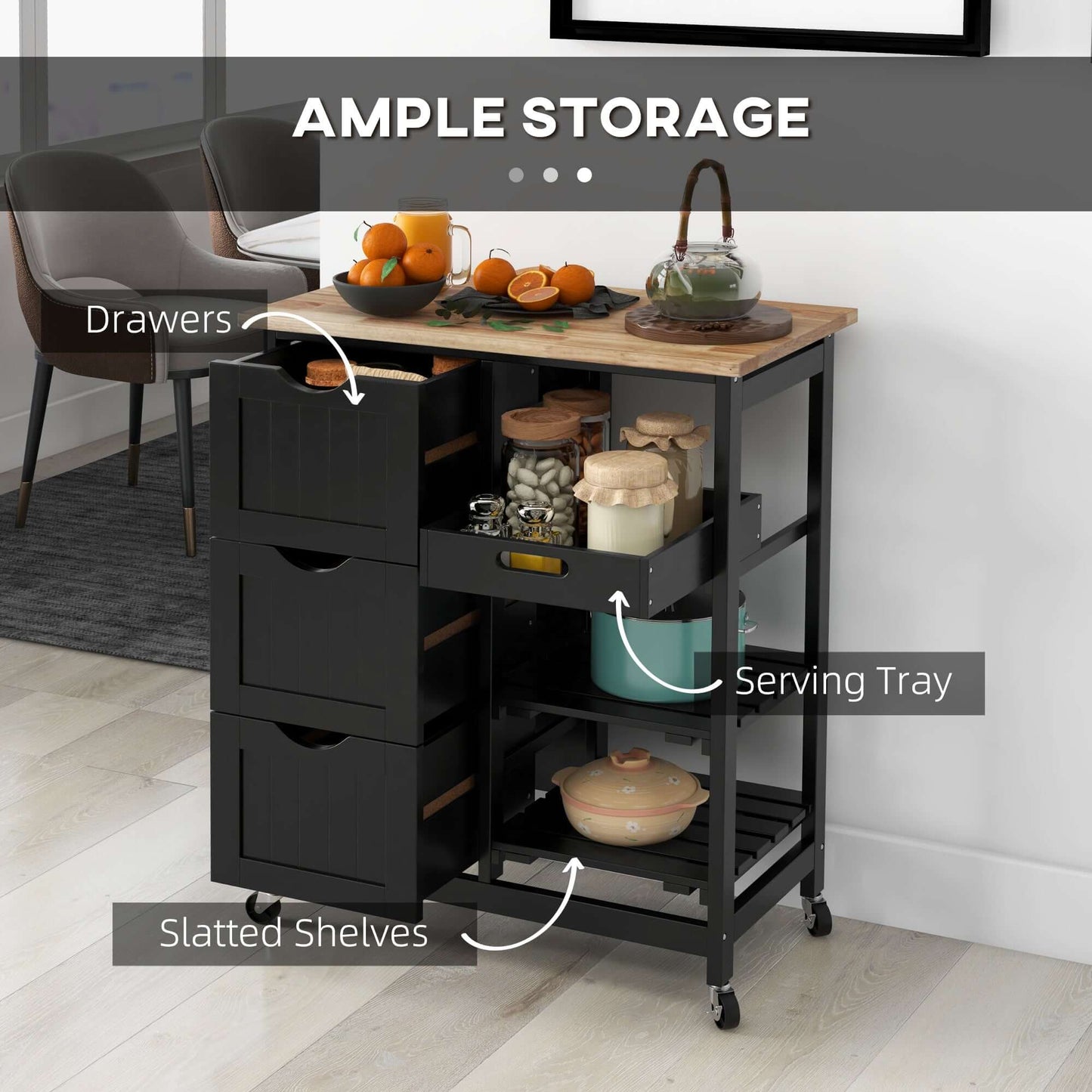 HOMCOM Kitchen Cart on Wheels, Rolling Kitchen Island Cart with Wood Top, 3 Drawers and Shelves for Home Dining Area, Black
