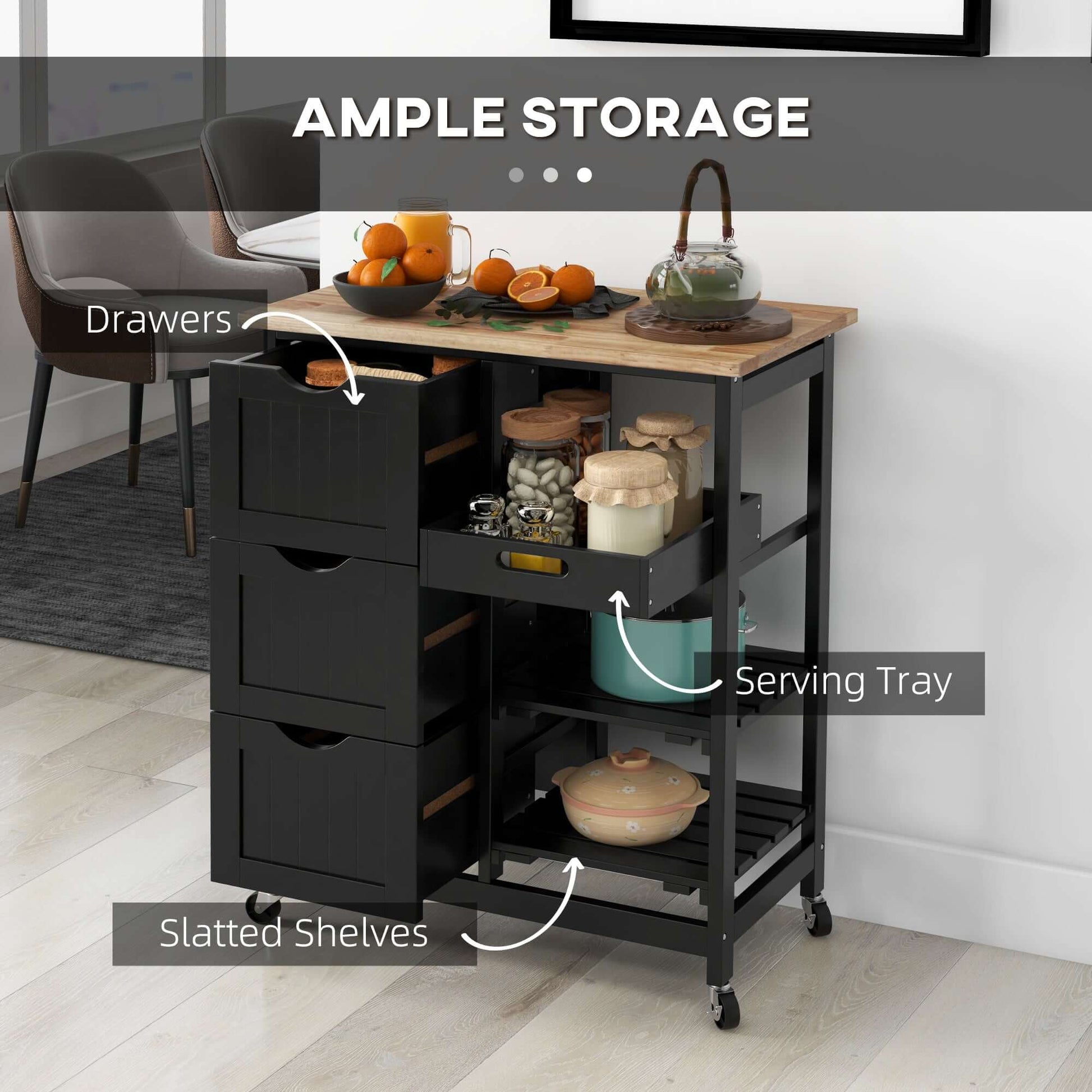HOMCOM Kitchen Cart on Wheels, Rolling Kitchen Island Cart with Wood Top, 3 Drawers and Shelves for Home Dining Area, Black