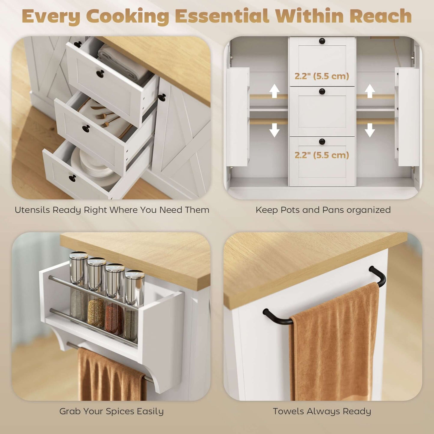 HOMCOM Farmhouse Kitchen Island Cart with Power Outlet and Soft-Close Doors, 49" Kitchen Island with 3 Drawers, White