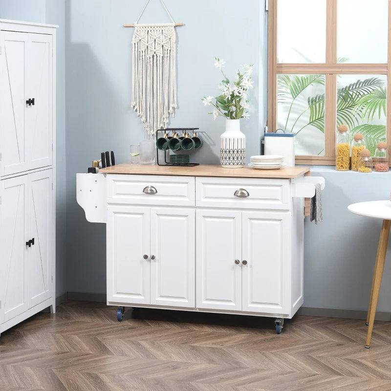 HOMCOM Rolling Kitchen Island on Wheels Utility Cart with Drop-Leaf and Rubber Wood Countertop, Storage Drawers, Door Cabinets, White | Aosom Canada