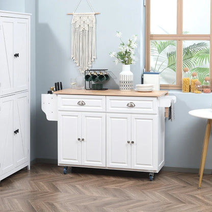 HOMCOM Rolling Kitchen Island on Wheels Utility Cart with Drop-Leaf and Rubber Wood Countertop, Storage Drawers, Door Cabinets, White | Aosom Canada