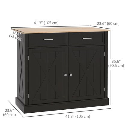 HOMCOM Ebony Culinary Companion: Black Kitchen Island with Beadboard, Rubberwood Cart, 2 Drawers, Adjustable Shelves for Storage | Aosom Canada