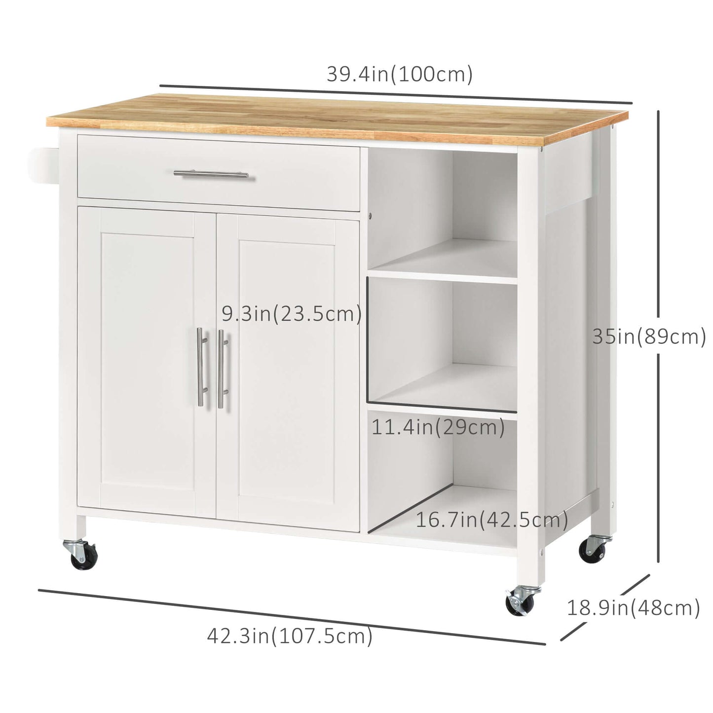 HOMCOM Wooden Rolling Kitchen Island on 360° Swivel Wheels Dining Cart with Drawer, Towel Rack for Kitchen, White
