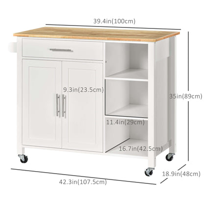 HOMCOM Wooden Rolling Kitchen Island on 360° Swivel Wheels Dining Cart with Drawer, Towel Rack for Kitchen, White