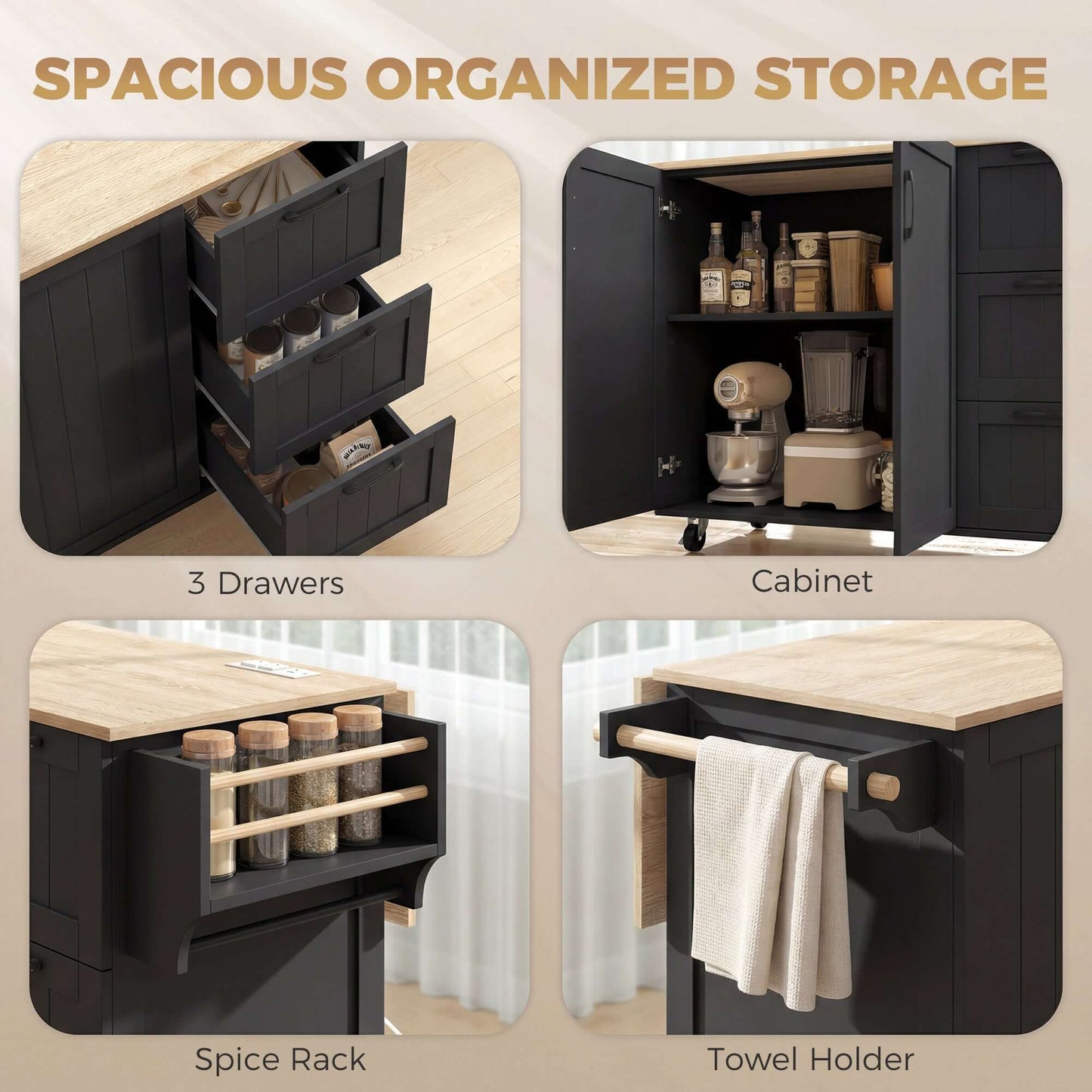 HOMCOM Kitchen Island with Drop Leaf, Rolling Kitchen Cart with Power Outlet, Cabinet, 3 Drawers, Spice Rack, Towel Bar, Black