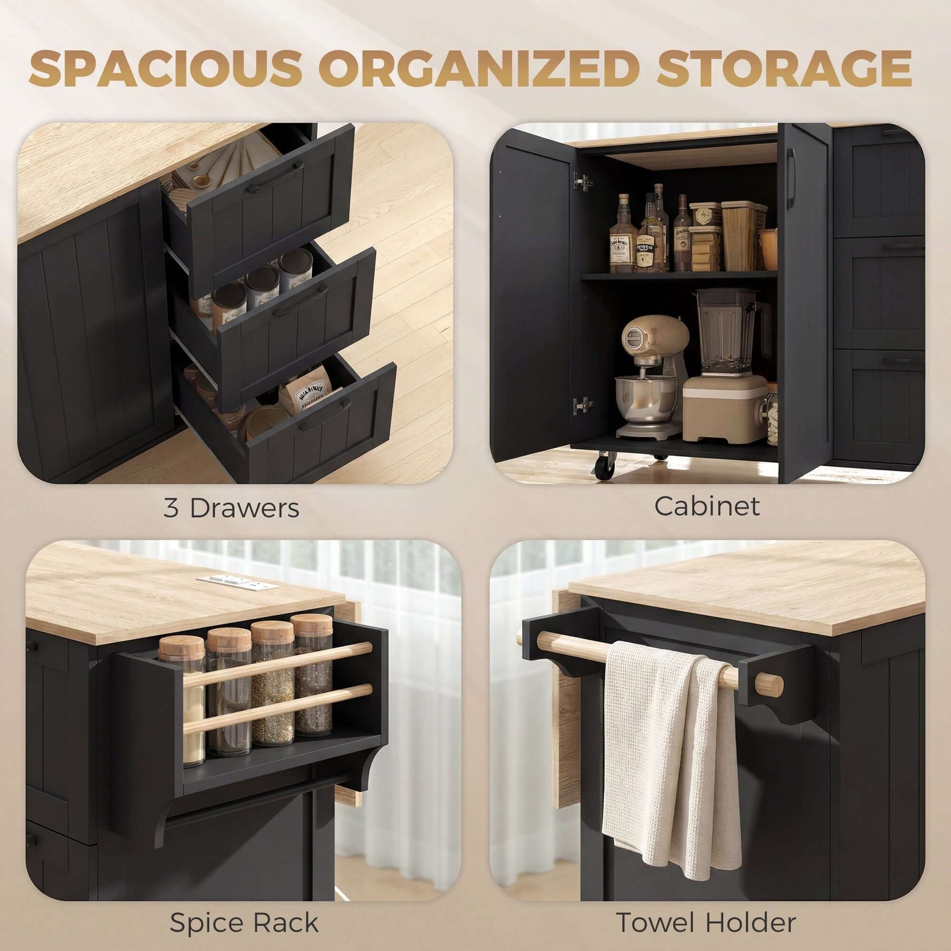 HOMCOM Kitchen Island with Drop Leaf, Rolling Kitchen Cart with Power Outlet, Cabinet, 3 Drawers, Spice Rack, Towel Bar, Black