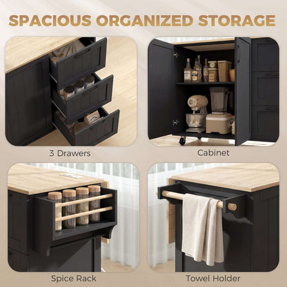 HOMCOM Kitchen Island with Drop Leaf, Rolling Kitchen Cart with Power Outlet, Cabinet, 3 Drawers, Spice Rack, Towel Bar, Black