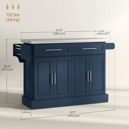 HOMCOM Rolling Kitchen Island with Storage and Stainless Steel Top, Kitchen Trolley with Drawers, Cabinets, Towel Rack, Blue | Aosom Canada