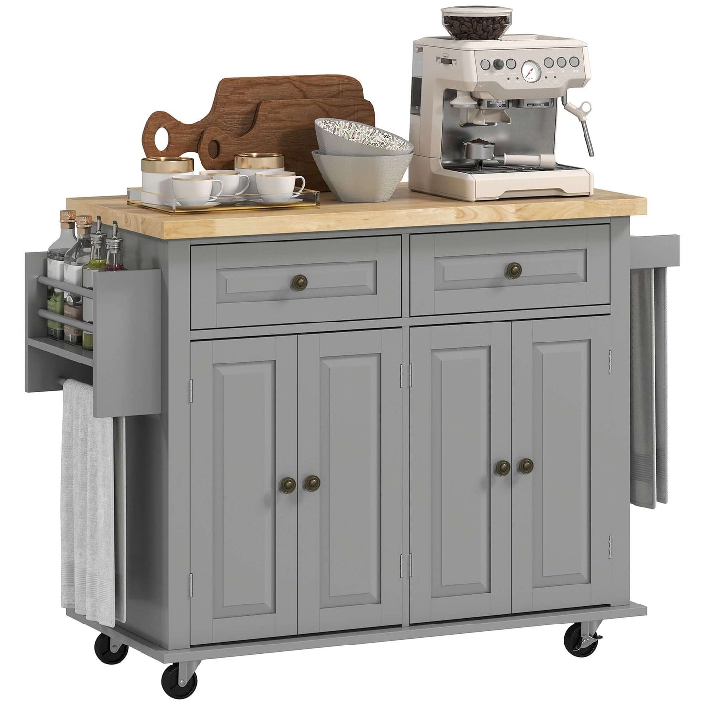 HOMCOM Kitchen Island with Storage, Rolling Trolley Cart with Rubber Wood Top, Spice Rack, Towel Rack, 2 Locking Brakes,Grey