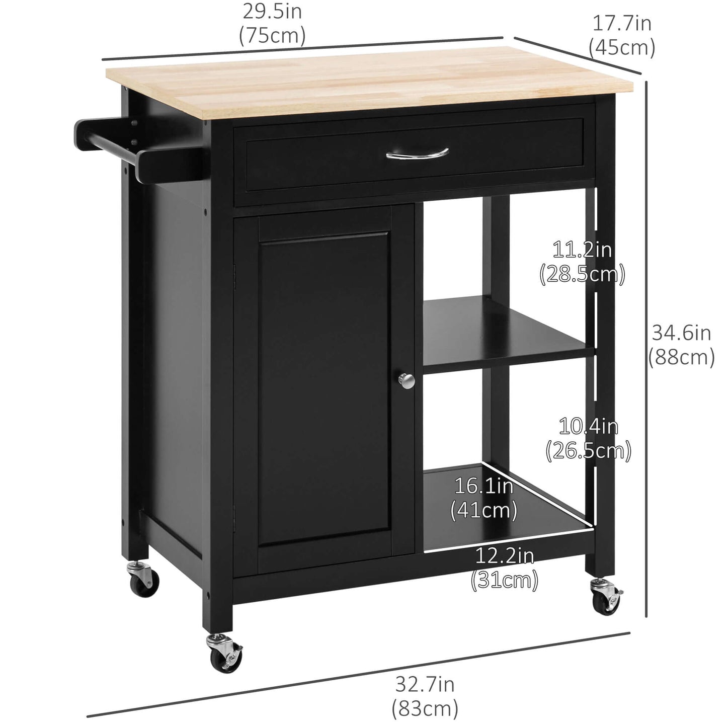 HOMCOM Rolling Kitchen Cart with Wood Top and Drawer, Kitchen Island on Wheels for Dining Room, Black | Aosom Canada