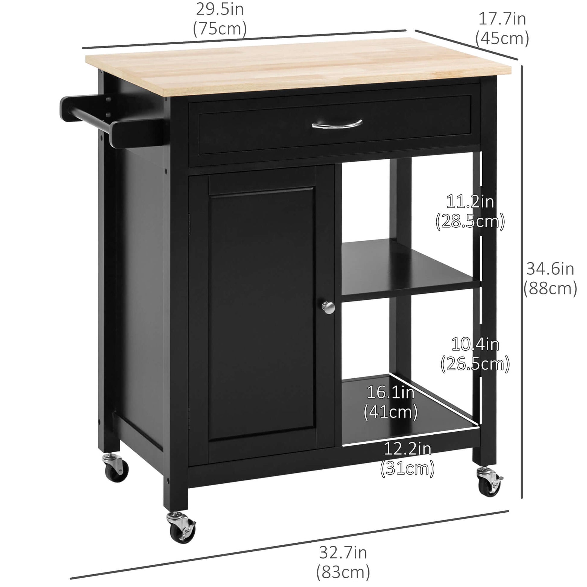 HOMCOM Rolling Kitchen Cart with Wood Top and Drawer, Kitchen Island on Wheels for Dining Room, Black | Aosom Canada