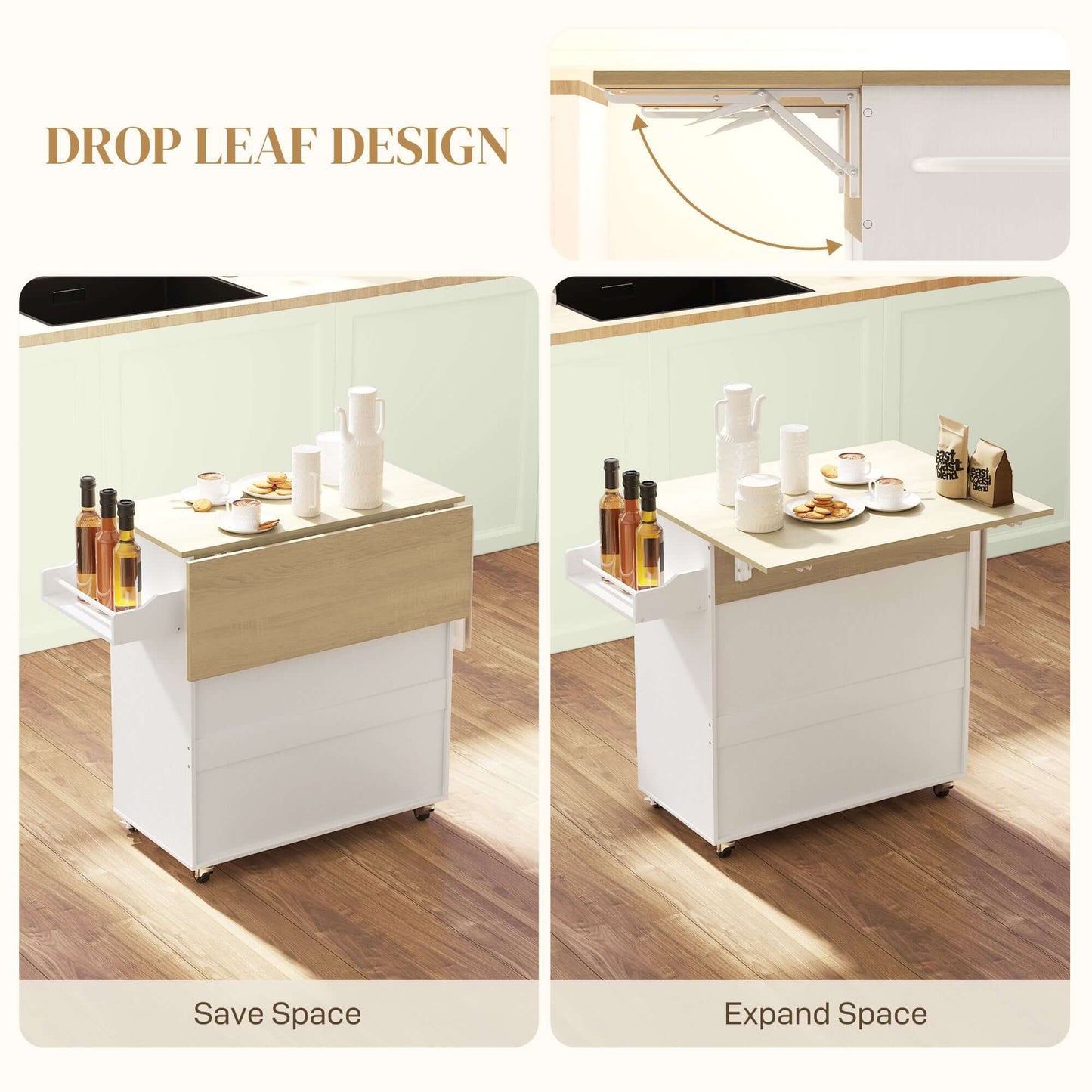HOMCOM Rolling Kitchen Island with Drop Leaf, Kitchen Storage Cart with Drawer, Spice Rack and Towel Rack, White