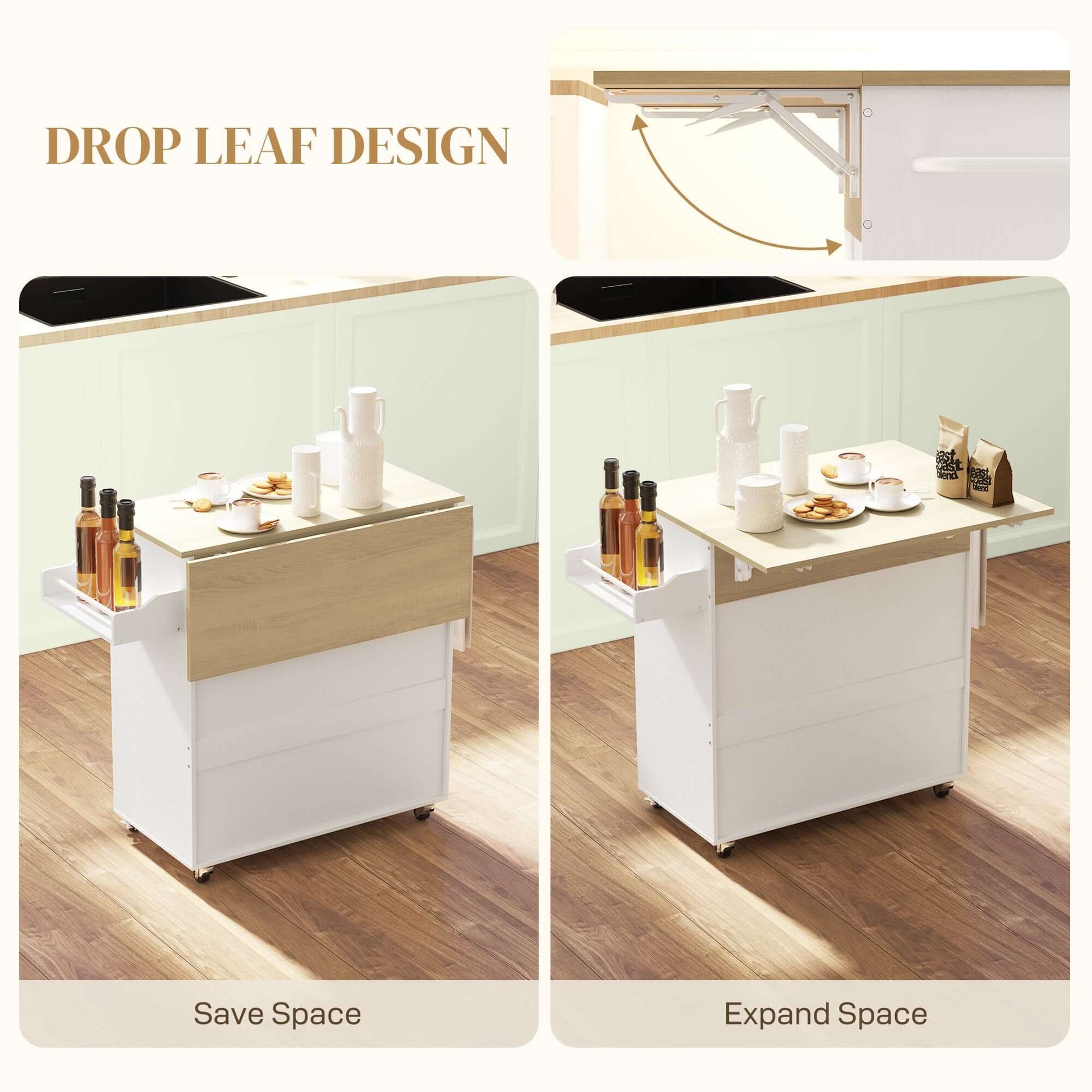 HOMCOM Rolling Kitchen Island with Drop Leaf, Kitchen Storage Cart with Drawer, Spice Rack and Towel Rack, White