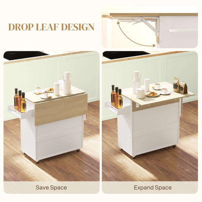 HOMCOM Rolling Kitchen Island with Drop Leaf, Kitchen Storage Cart with Drawer, Spice Rack and Towel Rack, White