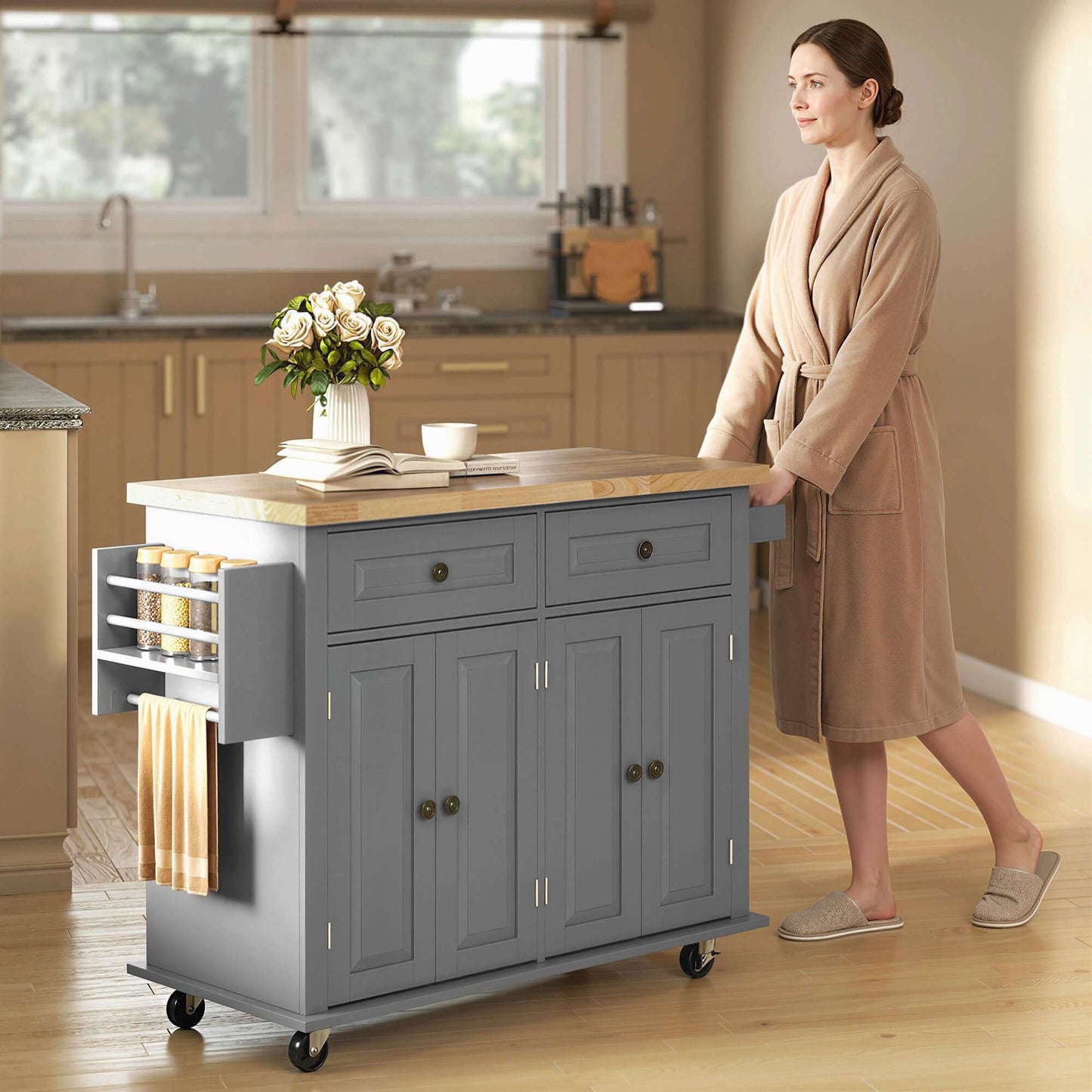 HOMCOM Kitchen Island with Storage, Rolling Trolley Cart with Rubber Wood Top, Spice Rack, Towel Rack, 2 Locking Brakes,Grey
