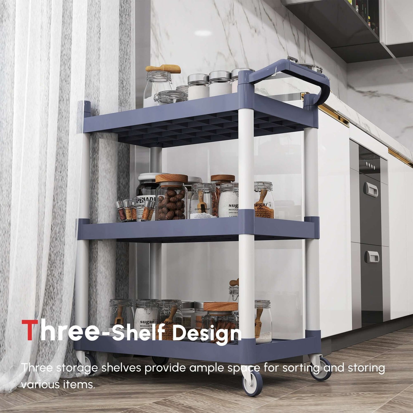 HOMCOM 3-Tier Utility Cart Large Rolling Storage Trolley with 3 Shelves Metal Clean Service Cart, Restaurant, Hotel, Livingroom, Silver and Grey