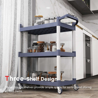HOMCOM 3-Tier Utility Cart Large Rolling Storage Trolley with 3 Shelves Metal Clean Service Cart, Restaurant, Hotel, Livingroom, Silver and Grey