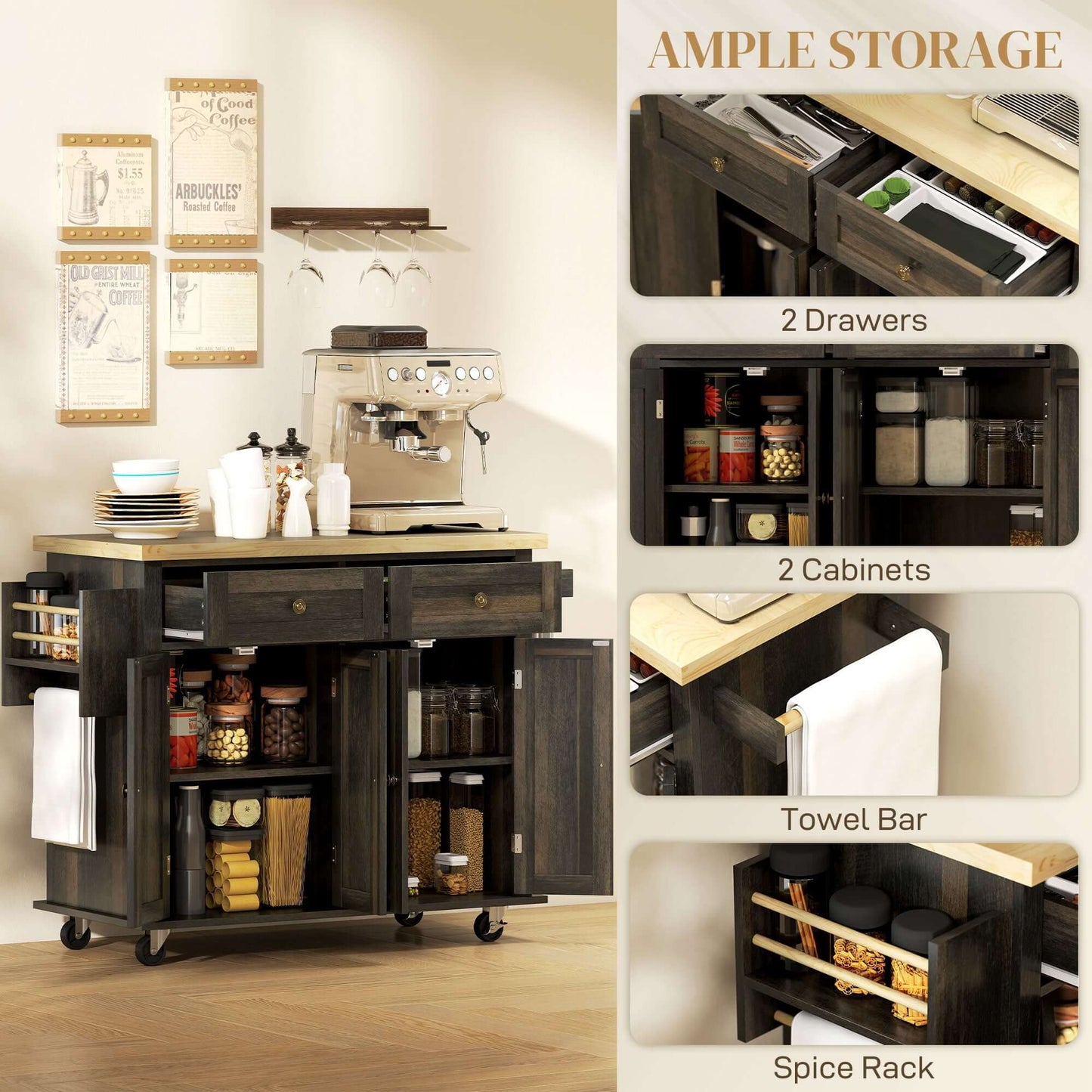 HOMCOM Kitchen Island with Storage, Rolling Trolley Cart with Rubber Wood Top, Spice Rack, Towel Rack, Brown Oak