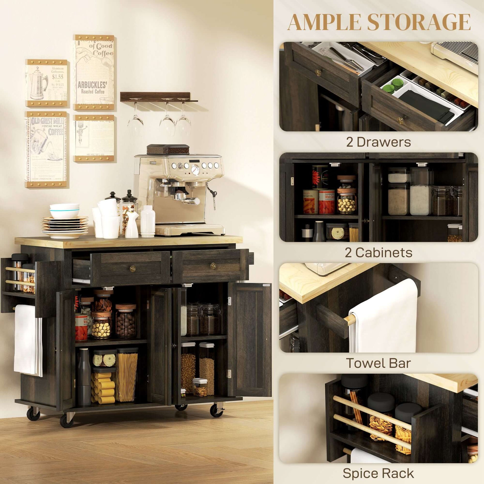 HOMCOM Kitchen Island with Storage, Rolling Trolley Cart with Rubber Wood Top, Spice Rack, Towel Rack, Brown Oak