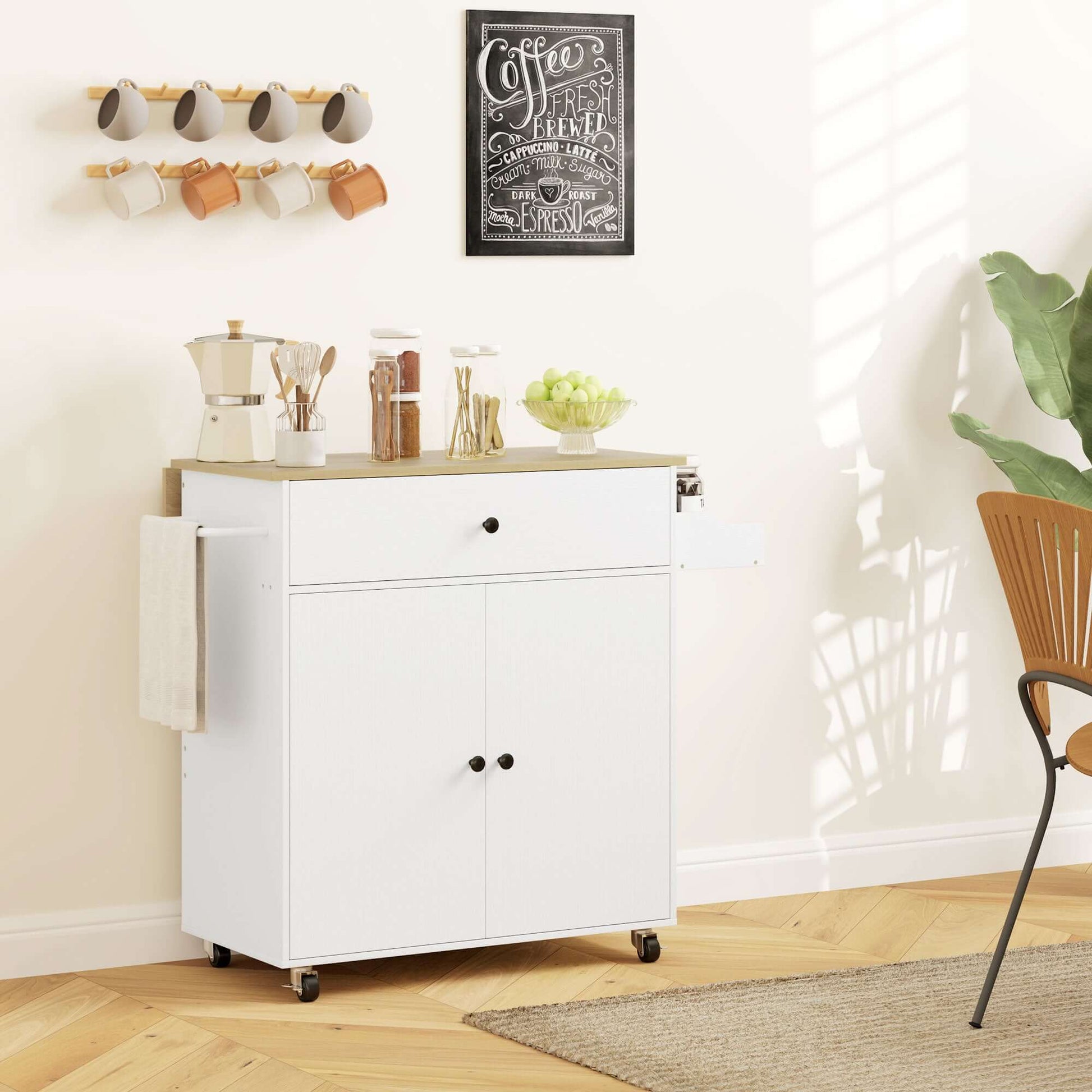 HOMCOM Rolling Kitchen Island with Drop Leaf, Kitchen Storage Cart with Drawer, Spice Rack and Towel Rack, White