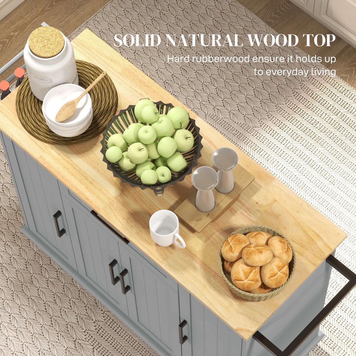 HOMCOM Modern Rolling Kitchen Island Cart with Drawers, Natural Wood Top, Towel Rack, Door Storage Cabinet, Grey