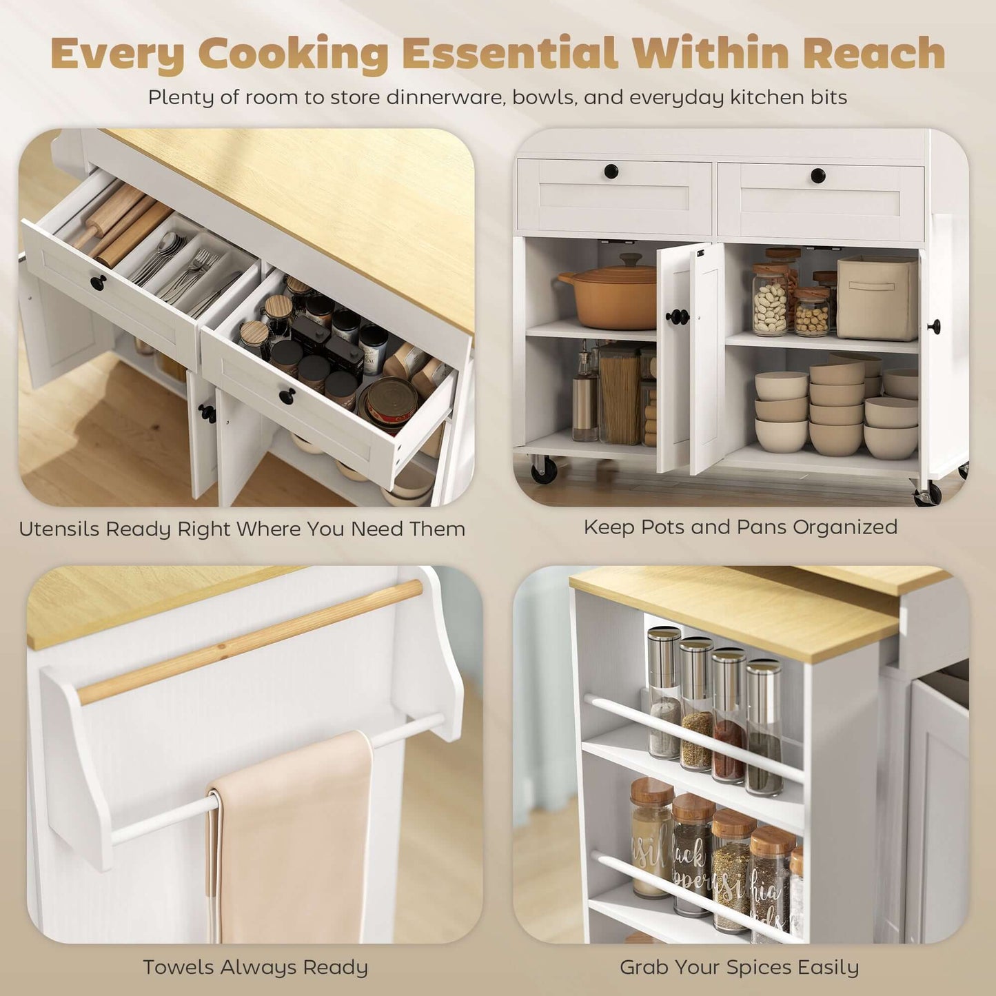HOMCOM Kitchen Island with Sliding Expandable Top, Rolling Kitchen Cart with Drawers, Cabinets & Spice Rack, White