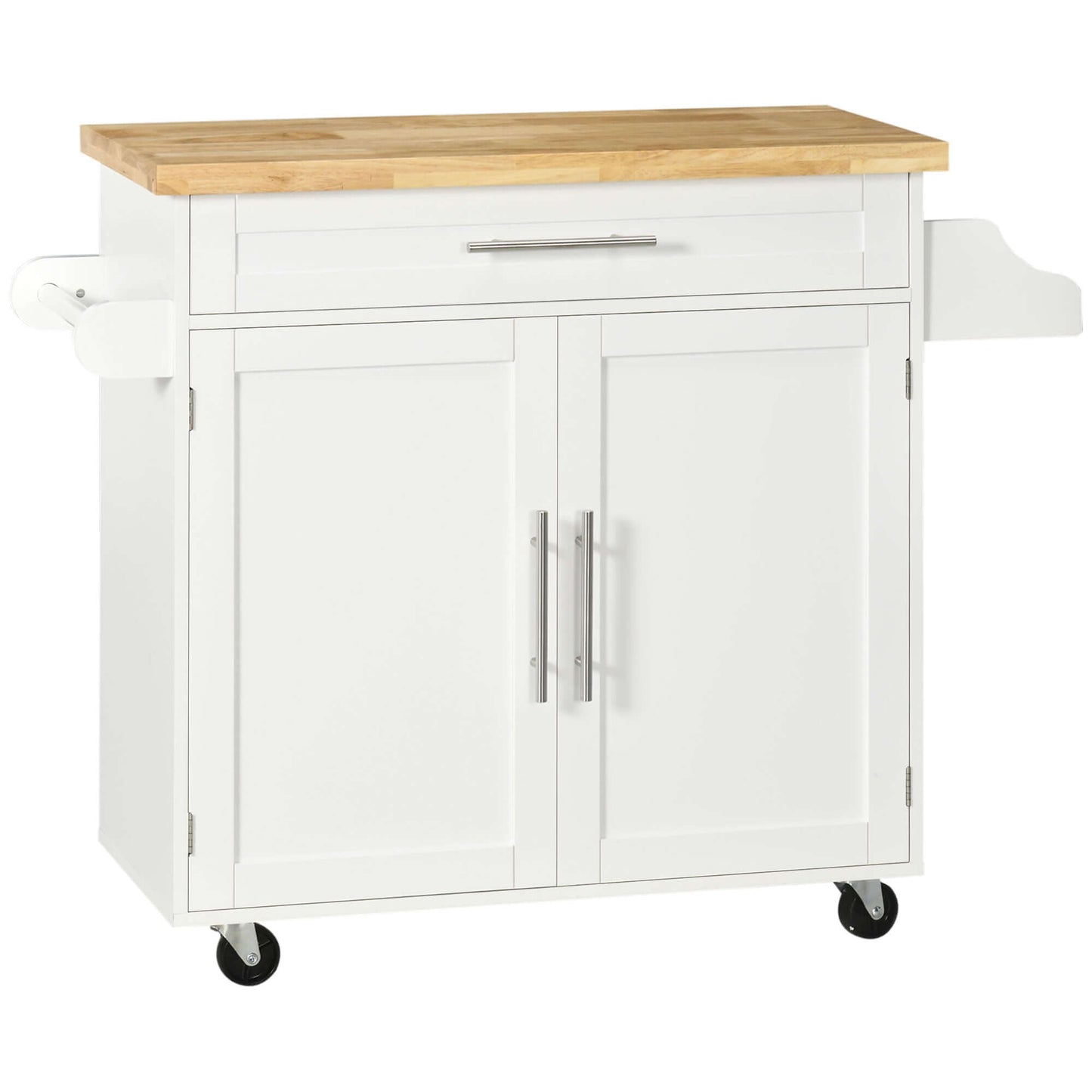 HOMCOM Kitchen Island with Storage, Rolling Cart Trolley with Rubberwood Top, Adjustable Shelf, Drawer, Spice Rack, White