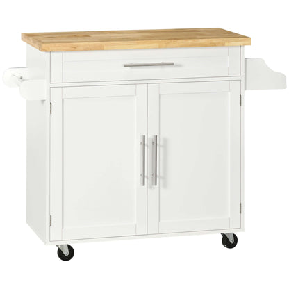 HOMCOM Kitchen Island with Storage, Rolling Cart Trolley with Rubberwood Top, Adjustable Shelf, Drawer, Spice Rack, White