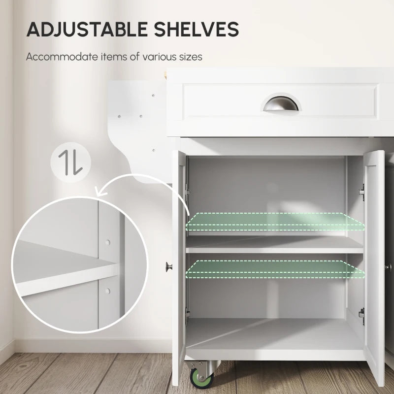 HOMCOM Rolling Kitchen Island on Wheels Utility Cart with Drop-Leaf and Rubber Wood Countertop, Storage Drawers, Door Cabinets, White | Aosom Canada