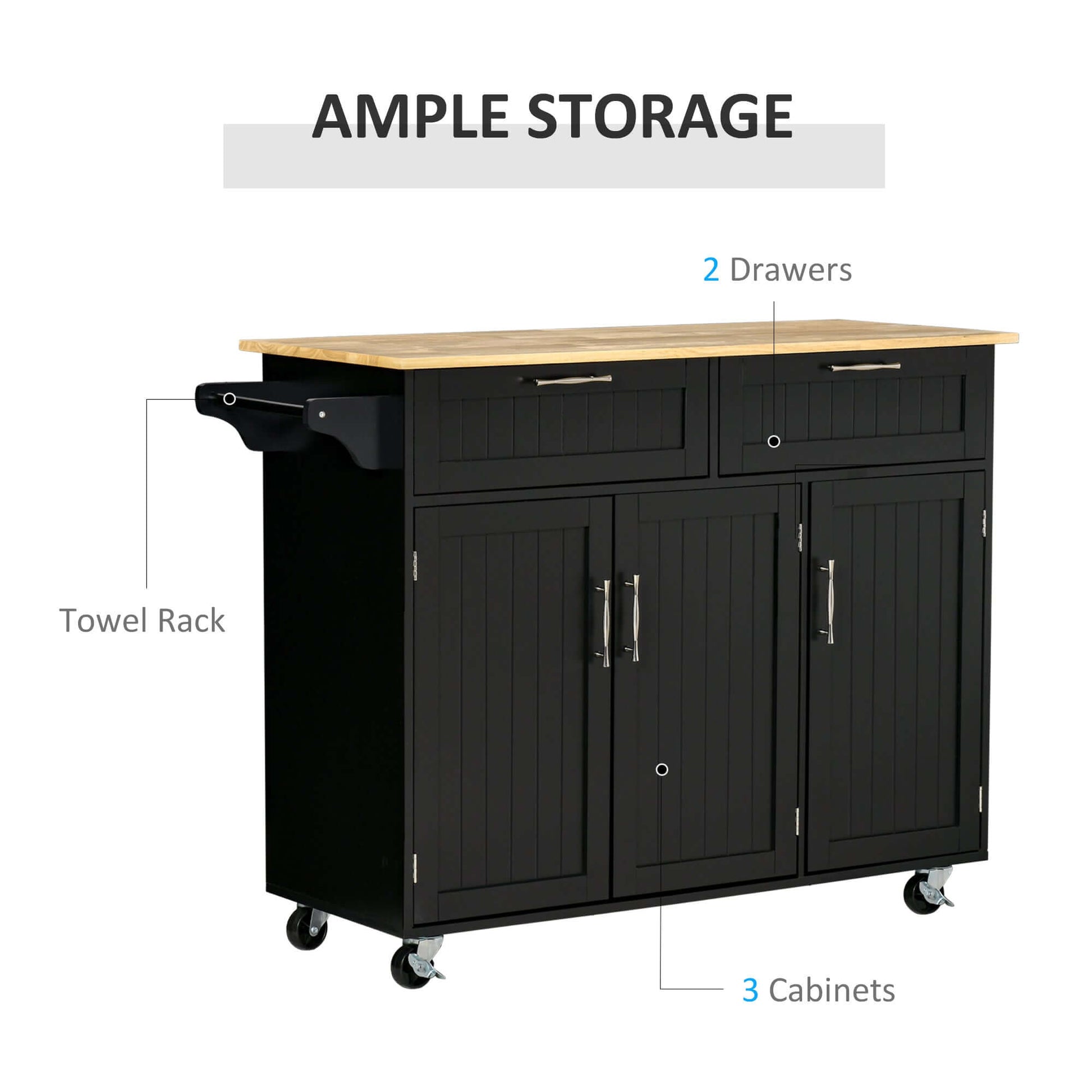 HOMCOM Modern Kitchen Island, Utility Kitchen Serving Cart with 2 Storage Drawers & Cabinets for Dining Room, Black