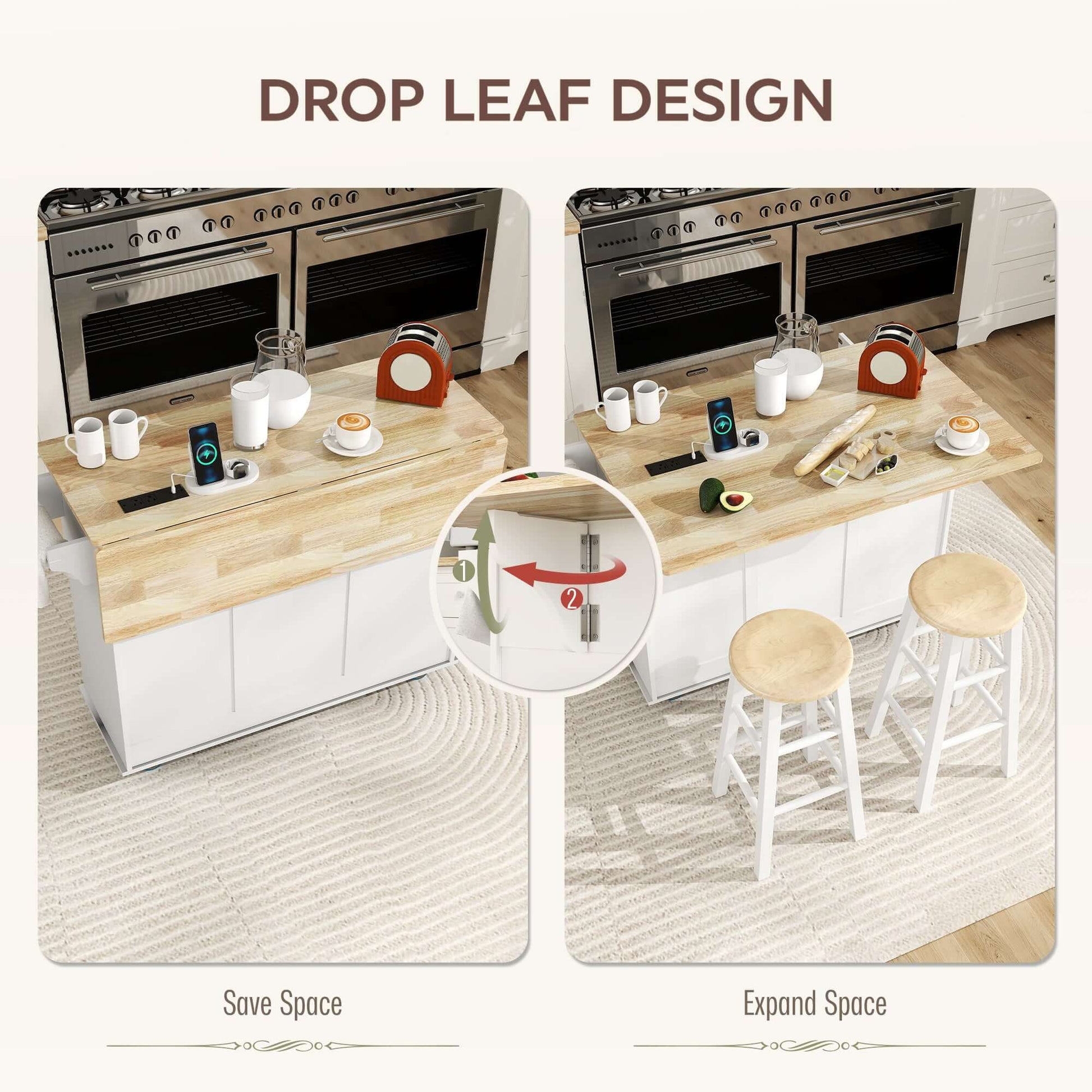 HOMCOM Kitchen Island on Wheels with Wood Drop Leaf, Charging Station, Rolling Kitchen Cart with Adjustable Shelf, White