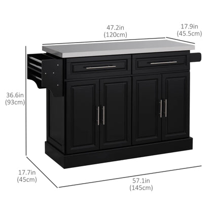 HOMCOM Portable Kitchen Island Rolling Cart Stainless Steel Top Storage Spice Rack Drawers Cabinets Black | Aosom Canada