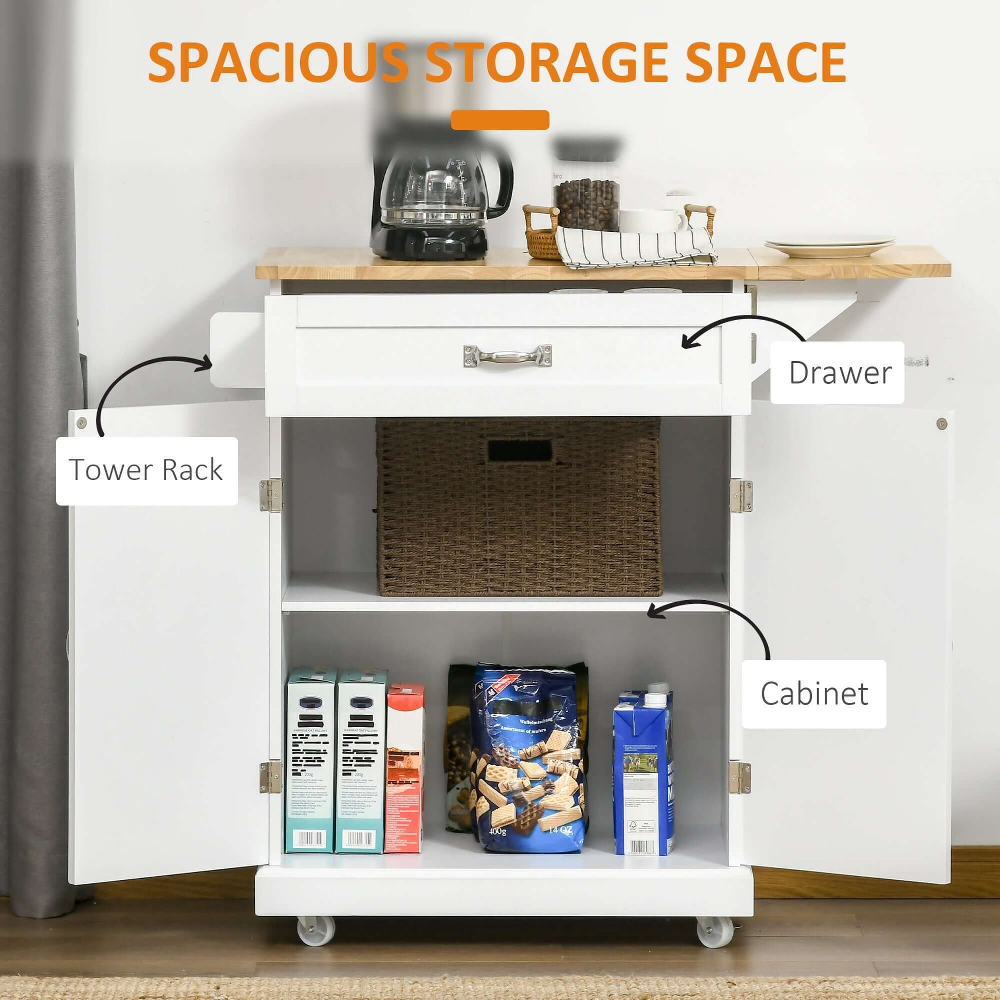 HOMCOM Foldable Kitchen Island with Storage Drawer, Farmhouse Style Rolling Utility Cart, Coffee Bar Cabinet on Wheels with Drop-Leaf Wood Top, White