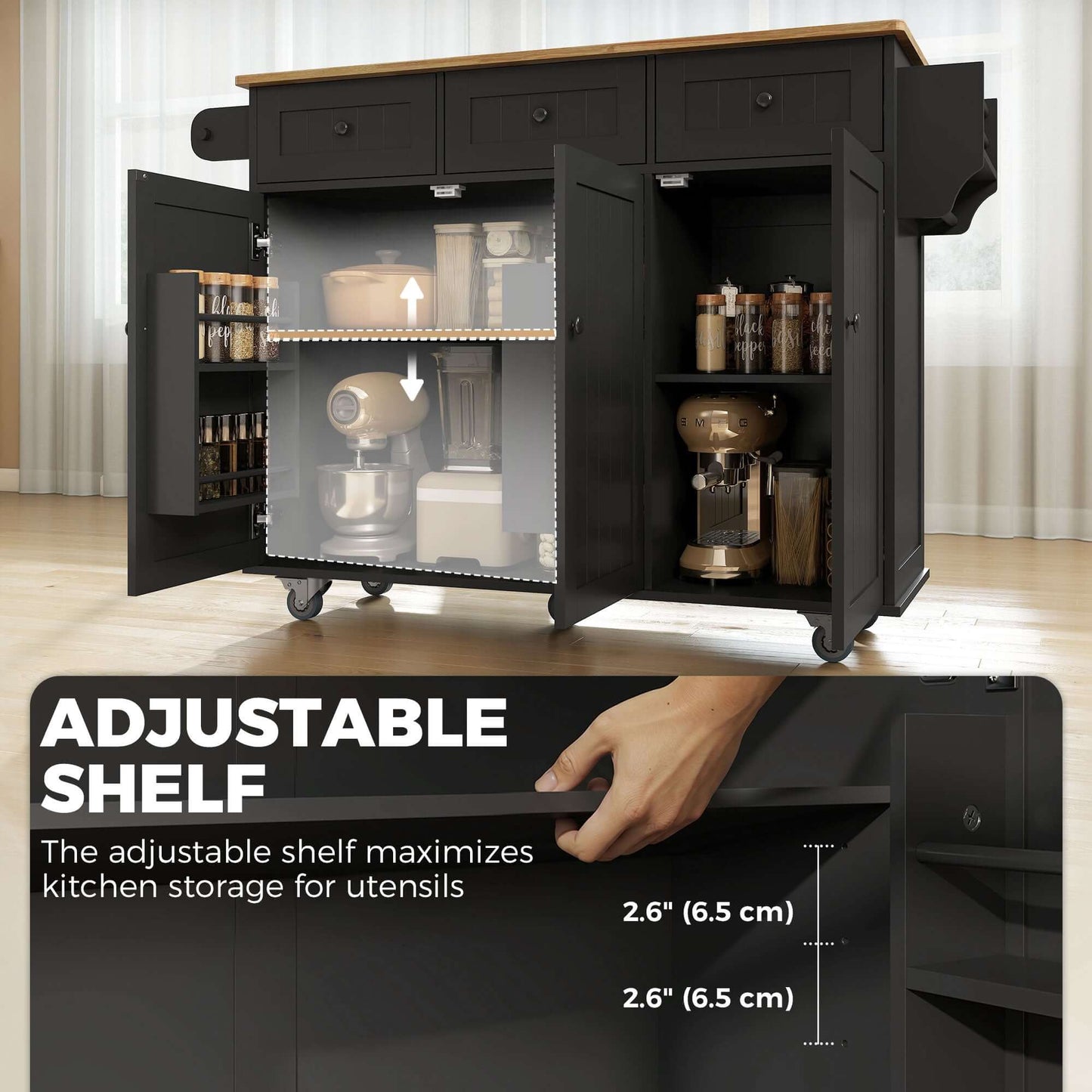 HOMCOM Kitchen Island on Wheels with Drop Leaf, Charging Station, Rolling Kitchen Cart with Wood Top, Adjustable Shelf, Black