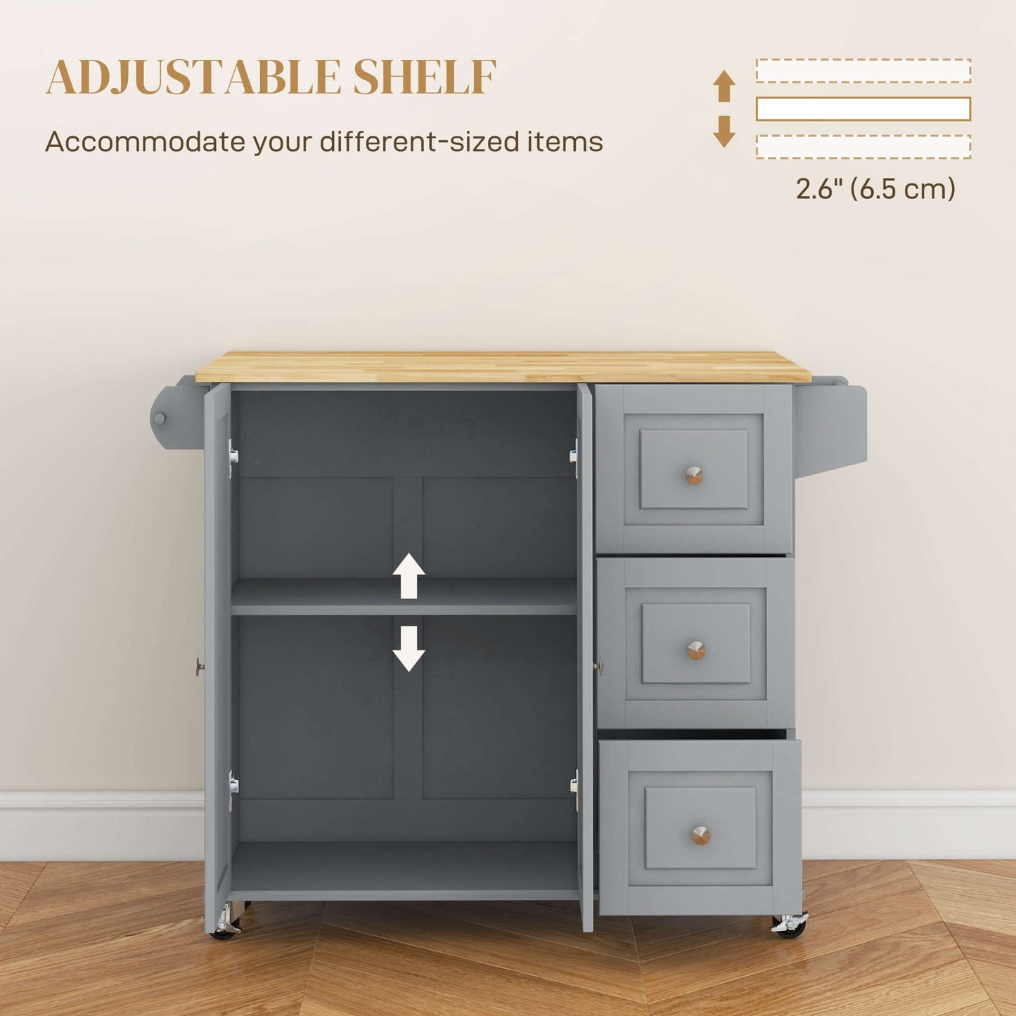 HOMCOM Kitchen Island on Wheels, Kitchen Cart with Drop Leaf, Drawers, Grey