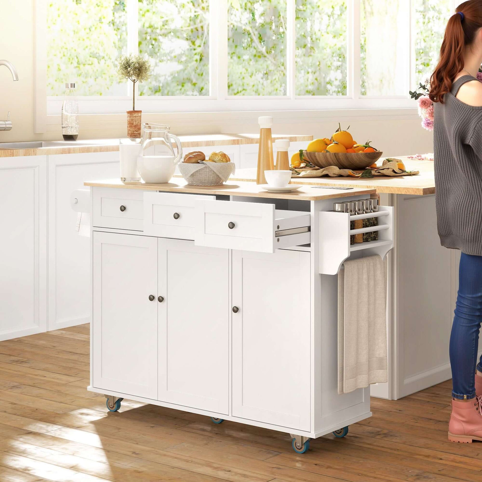 HOMCOM Kitchen Island on Wheels with Drop Leaf, Charging Station, Rolling Kitchen Cart with Wood Top, Adjustable Shelf, White
