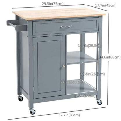 HOMCOM Rolling Kitchen Cart with Wood Top and Drawer, Kitchen Island on Wheels for Dining Room, Grey