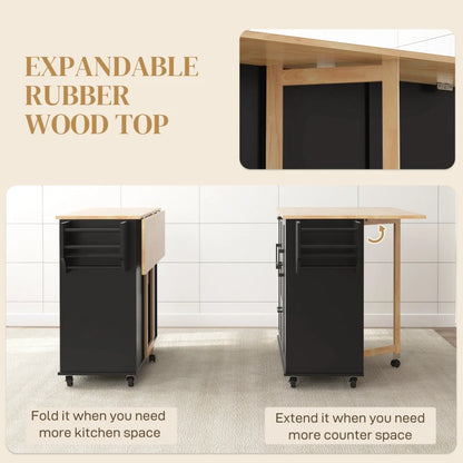 HOMCOM Rolling Kitchen Cart on Wheels with Drop Leaf, Kitchen Island with 3 Drawers, Solid Wood Top and Towel Rack, Black | Aosom Canada