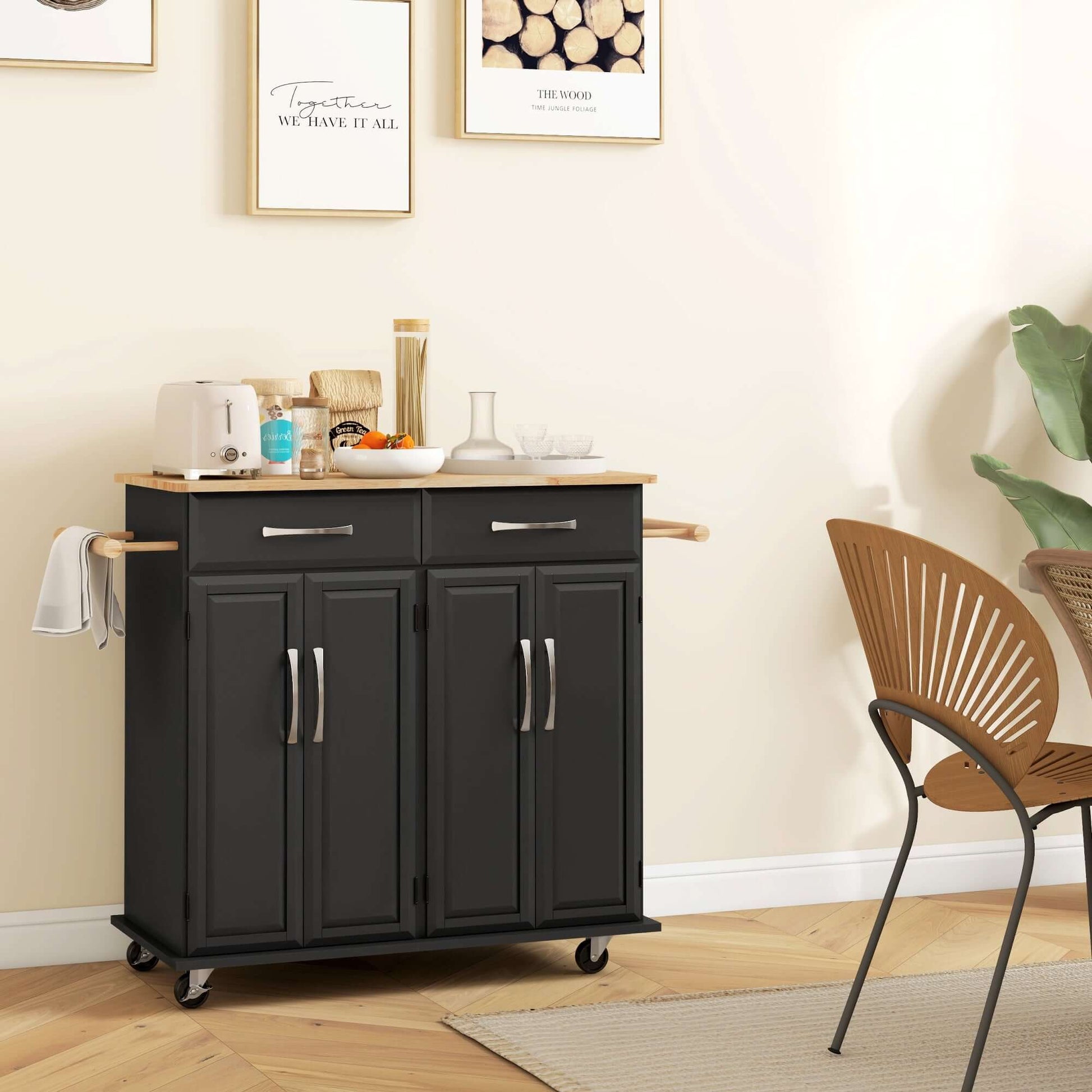 HOMCOM Kitchen Island on Wheels with Rubberwood Top, Rolling Kitchen Cart with 2 Drawers, 4 Doors and Adjustable Shelves