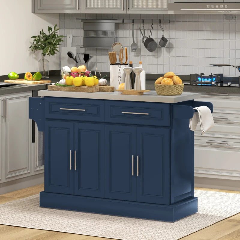 HOMCOM Rolling Kitchen Island with Storage and Stainless Steel Top, Kitchen Trolley with Drawers, Cabinets, Towel Rack, Blue | Aosom Canada