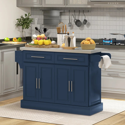 HOMCOM Rolling Kitchen Island with Storage and Stainless Steel Top, Kitchen Trolley with Drawers, Cabinets, Towel Rack, Blue | Aosom Canada