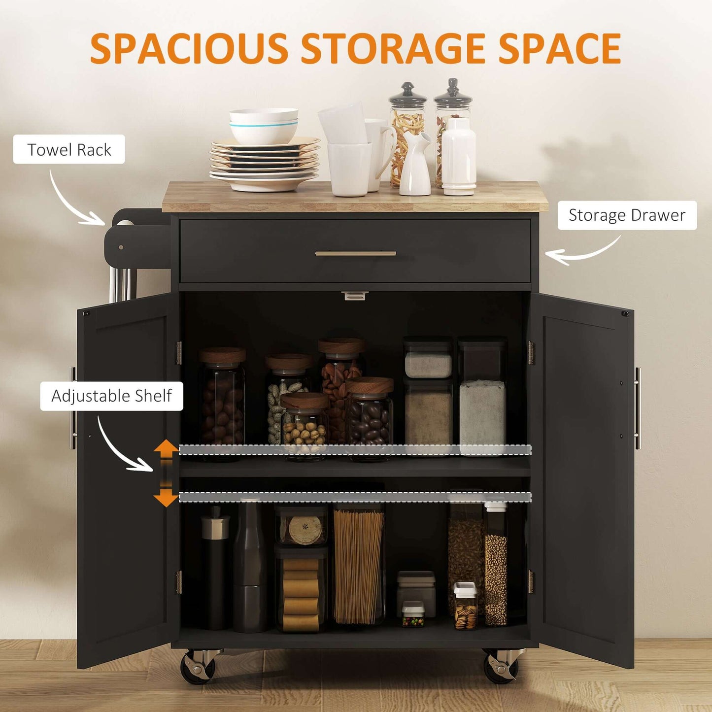 HOMCOM Rolling Kitchen Island Cart with Wood Top, Enough Storage Drawer Space with Towel Bar Rack Shelves, Portable Kitchen Utility Serving Cart Trolley on Wheels, Black