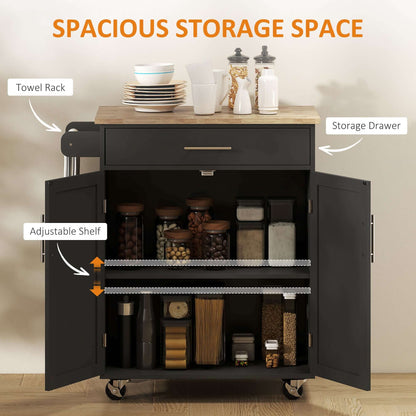 HOMCOM Rolling Kitchen Island Cart with Wood Top, Enough Storage Drawer Space with Towel Bar Rack Shelves, Portable Kitchen Utility Serving Cart Trolley on Wheels, Black