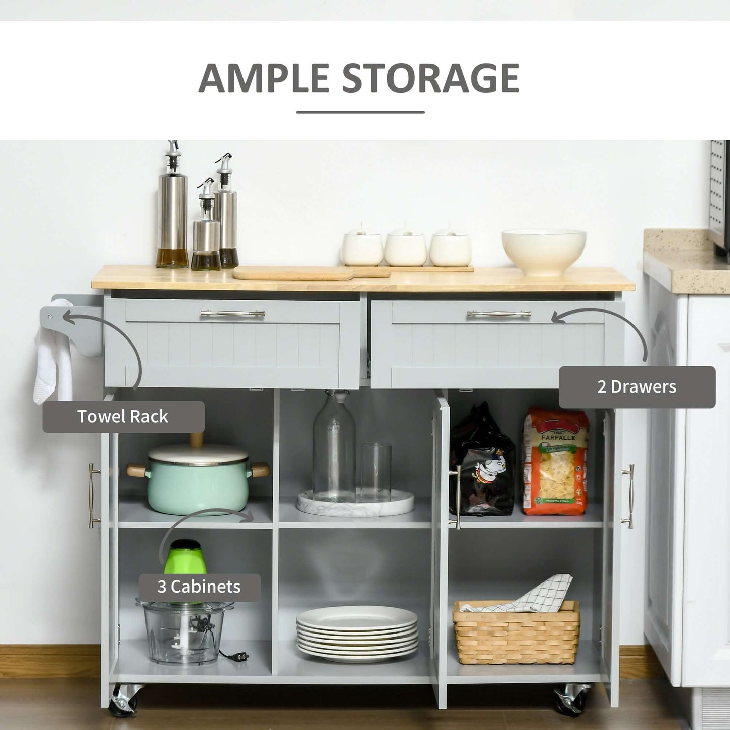 HOMCOM Rolling Kitchen Island, Kitchen Cart on Wheels with 2 Storage Drawers, 3 Door Cabinets and Towel Rack for Dining Room (Grey, 3-Doors)