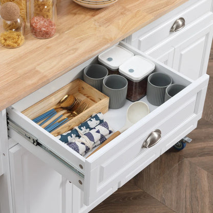 HOMCOM Rolling Kitchen Island on Wheels Utility Cart with Drop-Leaf and Rubber Wood Countertop, Storage Drawers, Door Cabinets, White | Aosom Canada