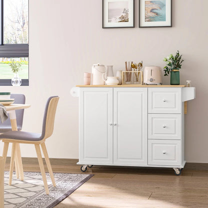 HOMCOM Rolling Kitchen Island with Drop Leaf, Kitchen Cart with Cabinet, 3 Drawers, Wood Top, White | Aosom Canada